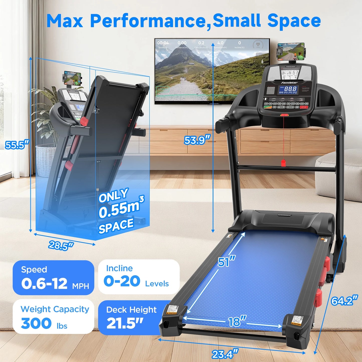 Caminadora Plegable De 5.0HP Para El Hogar Con 20 Inclinaciones Automáticas, Aplicación Inteligente, 300Lbs, Altavoces Bluetooth Hifi, 64 Programas, Velocidad De 12MPH, Máquina De Correr Eléctrica Plegable, Correa Para La Rodilla, Regalo