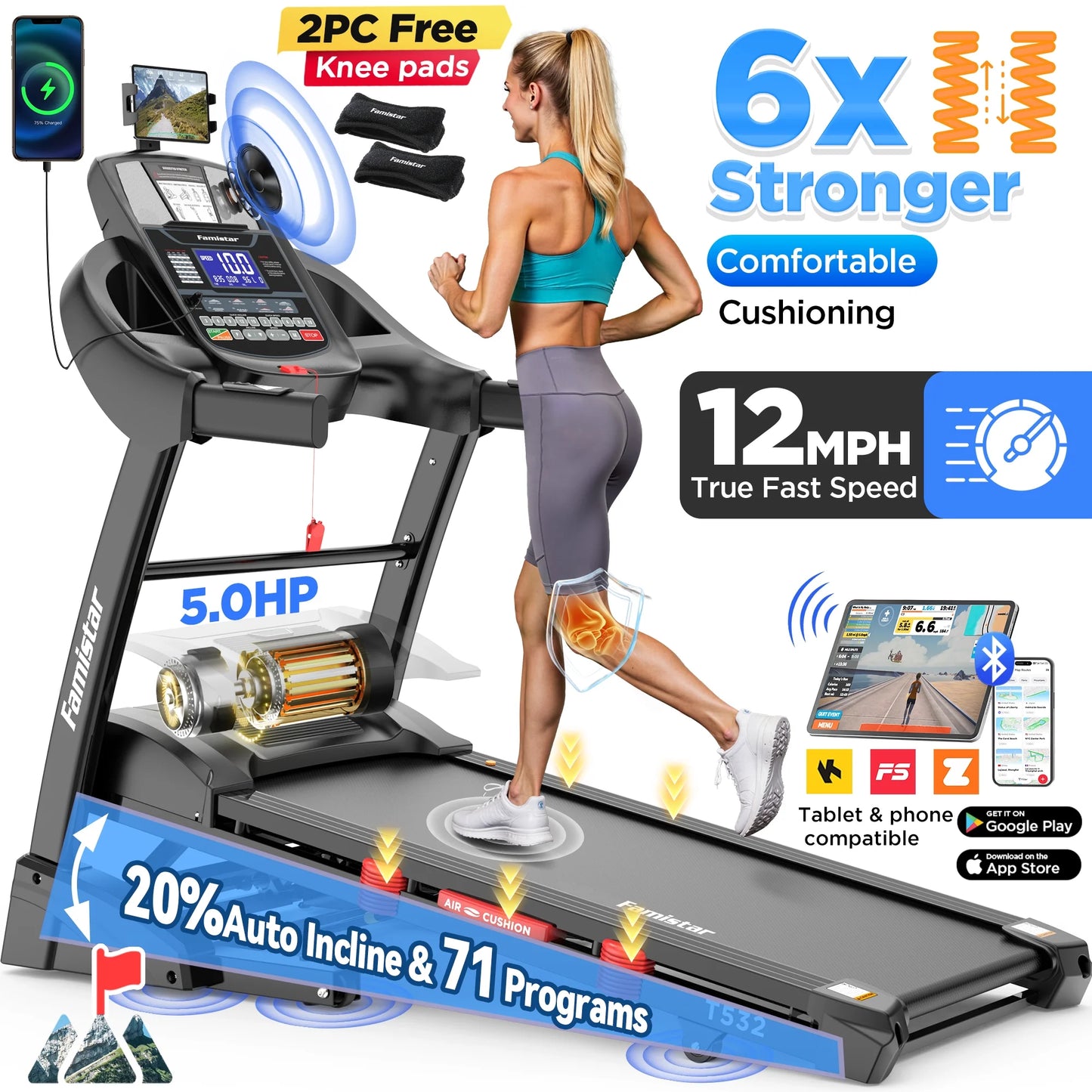 Caminadora Plegable De 5.0HP Para El Hogar Con 20 Inclinaciones Automáticas, Aplicación Inteligente, 300Lbs, Altavoces Bluetooth Hifi, 64 Programas, Velocidad De 12MPH, Máquina De Correr Eléctrica Plegable, Correa Para La Rodilla, Regalo